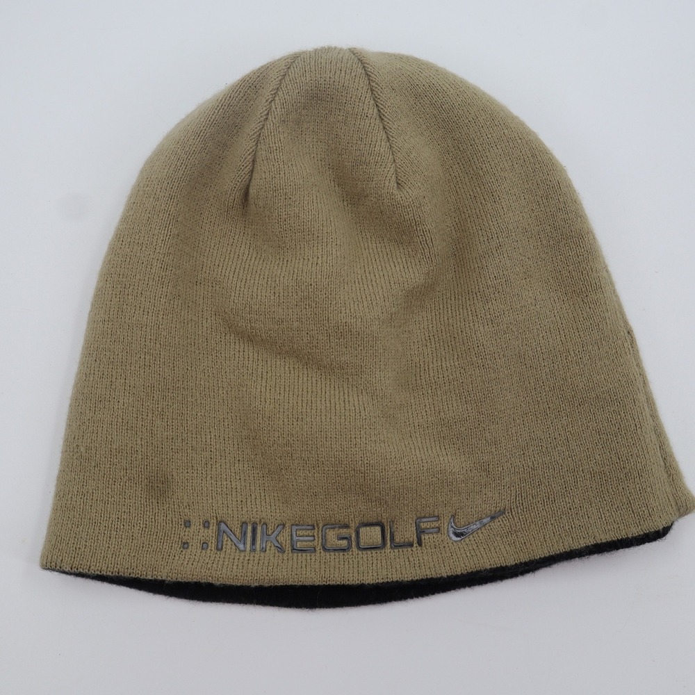 Nike Golf Beanie Mens One Size Tan Reversible Striped Knit Hat Swoosh Logo